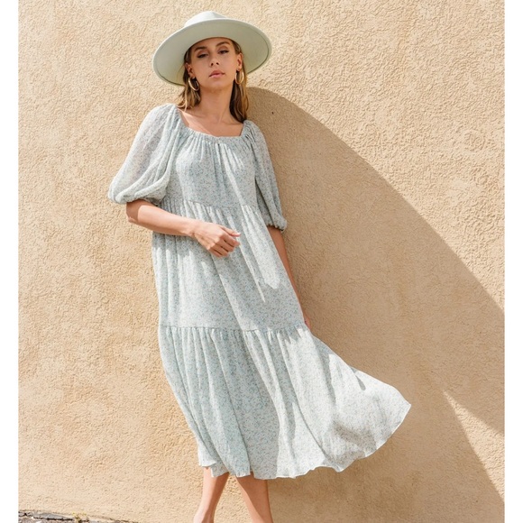 VICI BLUE FLORAL PUFF SLEEVE DRESS
